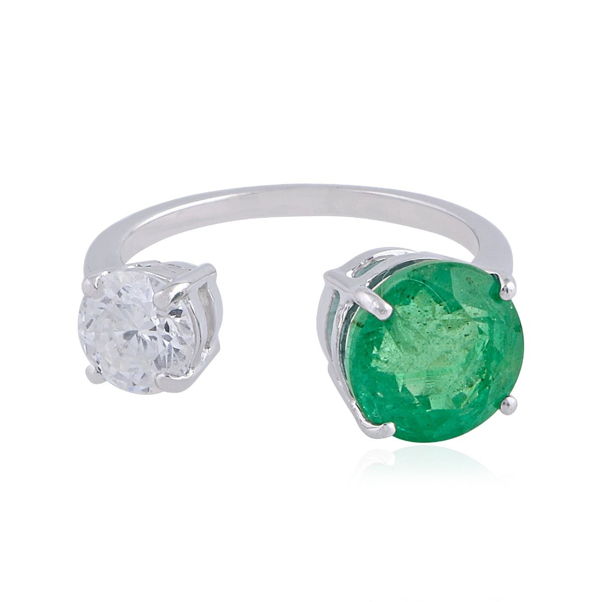 Solid 18K White Gold Genuine Emerald Gemstone SI/HI Diamond Cuff Ring