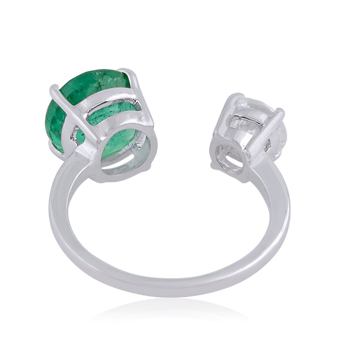 Solid 18K White Gold Genuine Emerald Gemstone SI/HI Diamond Cuff Ring