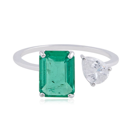 Solid 18K White Gold SI/HI Diamond 2.50 TCW Emerald Gemstone Cuff Ring