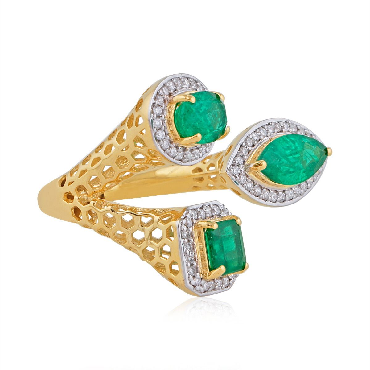 Emerald Gemstone Natural Diamond Solid 18k Yellow Gold Jewelry Cuff Ring