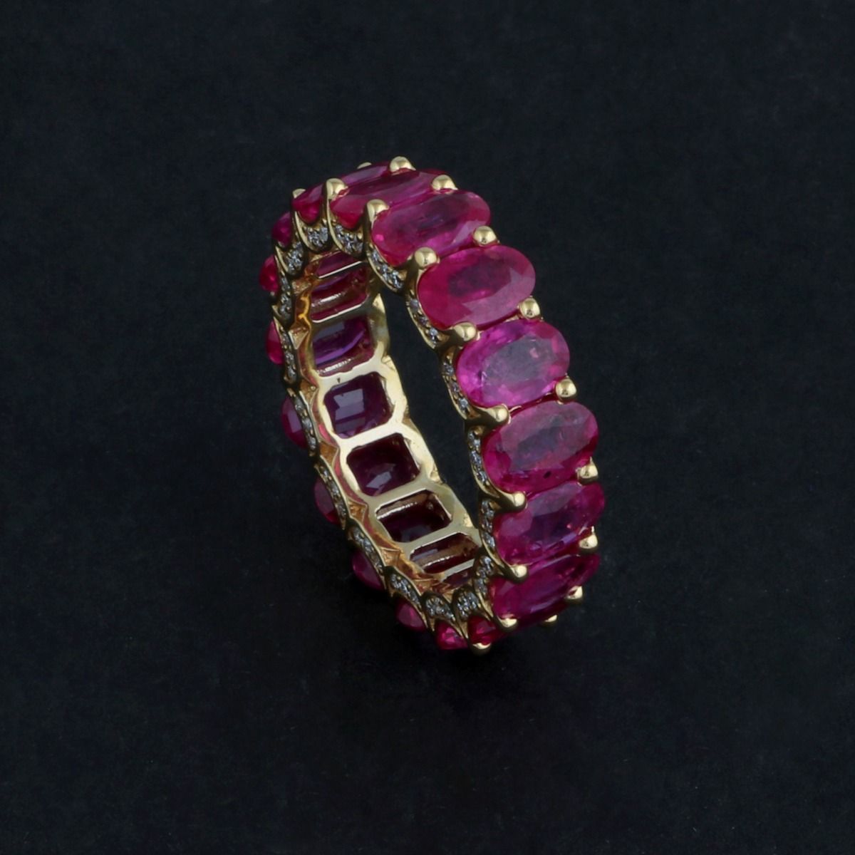 Oval Shaped Real Ruby Solid 18 Kt Yellow Gold SI Clarity HI Color Diamond Eternity Ring