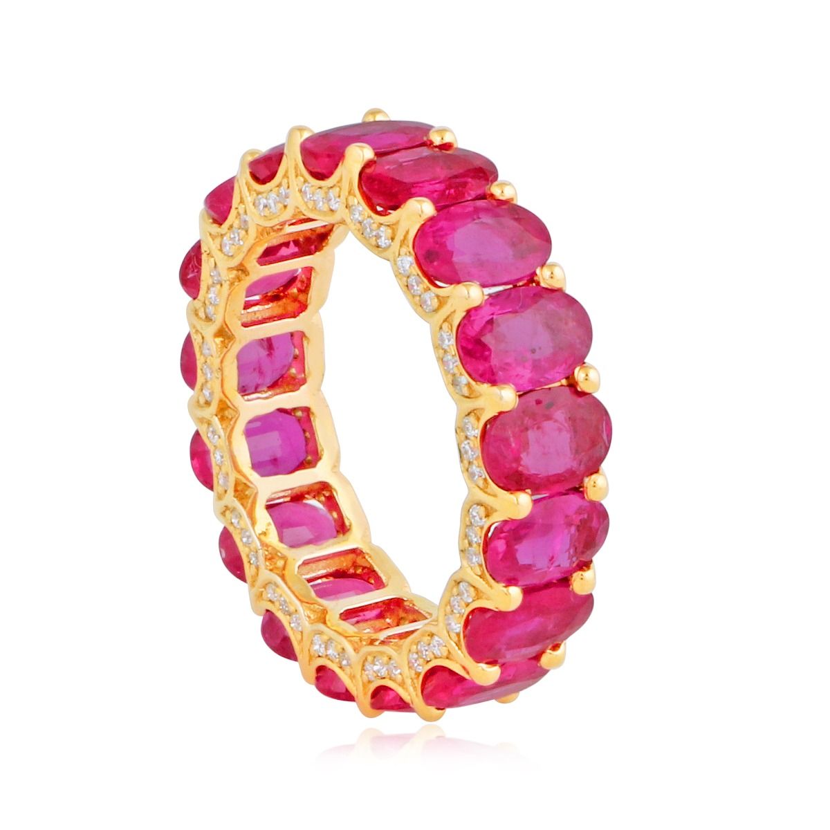 Oval Shaped Real Ruby Solid 18 Kt Yellow Gold SI Clarity HI Color Diamond Eternity Ring