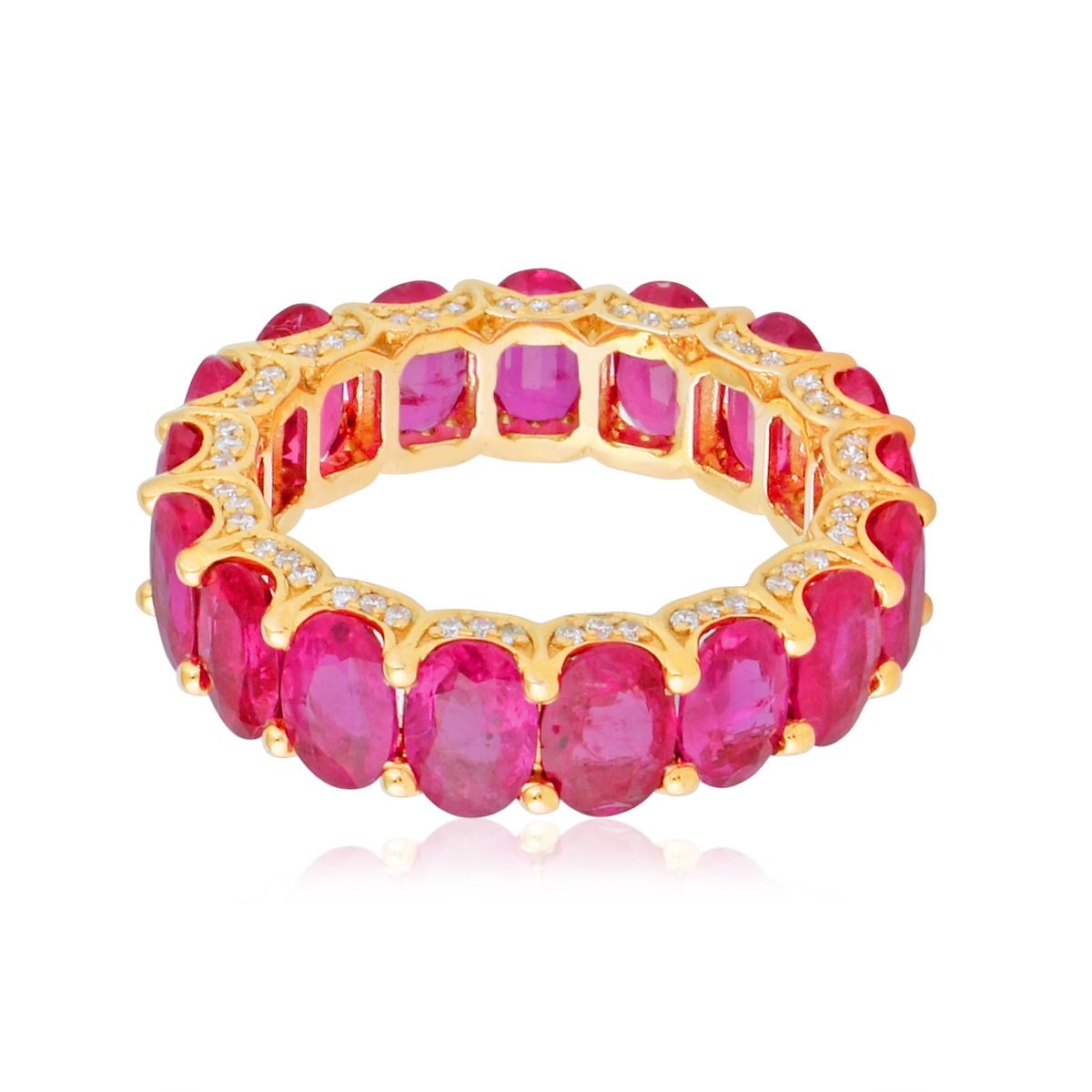 Oval Shaped Real Ruby Solid 18 Kt Yellow Gold SI Clarity HI Color Diamond Eternity Ring