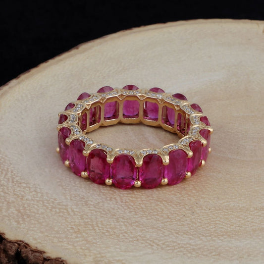 Oval Shaped Real Ruby Solid 18 Kt Yellow Gold SI Clarity HI Color Diamond Eternity Ring