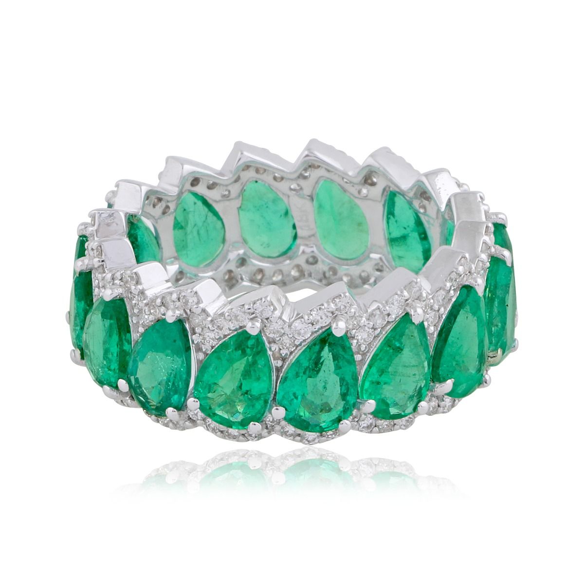 Pear Shaped Emerald Solid 18 Kt White Gold SI Clarity HI Color Diamond Promise Eternity Ring