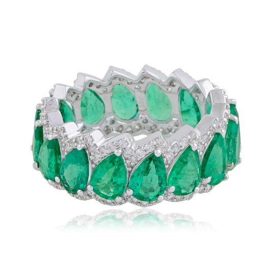 Pear Shaped Emerald Solid 18 Kt White Gold SI Clarity HI Color Diamond Promise Eternity Ring