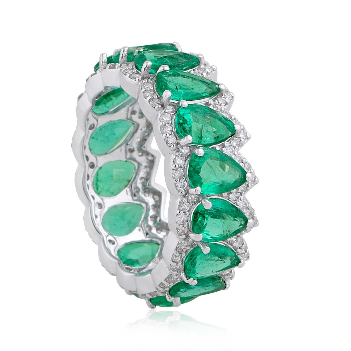 Pear Shaped Emerald Solid 18 Kt White Gold SI Clarity HI Color Diamond Promise Eternity Ring