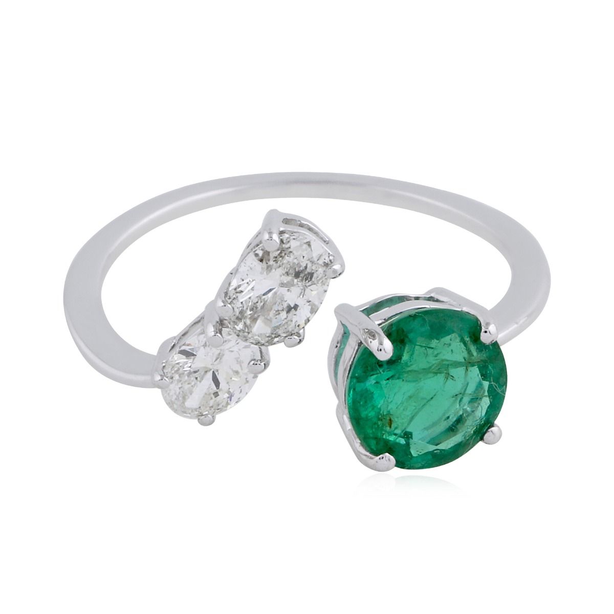 Round Emerald Solid 18 Kt White Gold SI Clarity HI Color Diamond Promise Ring