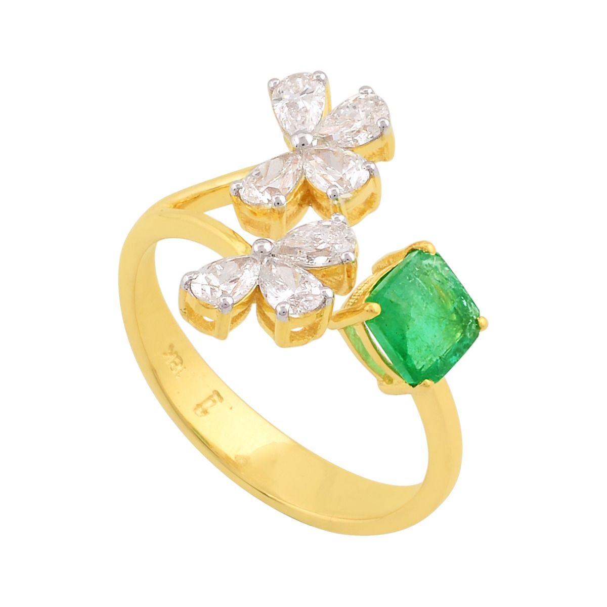 18k Yellow Gold 1.43 TCW SI Clarity HI Color Diamond Prong Setting Zambian Emerald Gemstone Designer Party Wear Ring Jewelry For Women