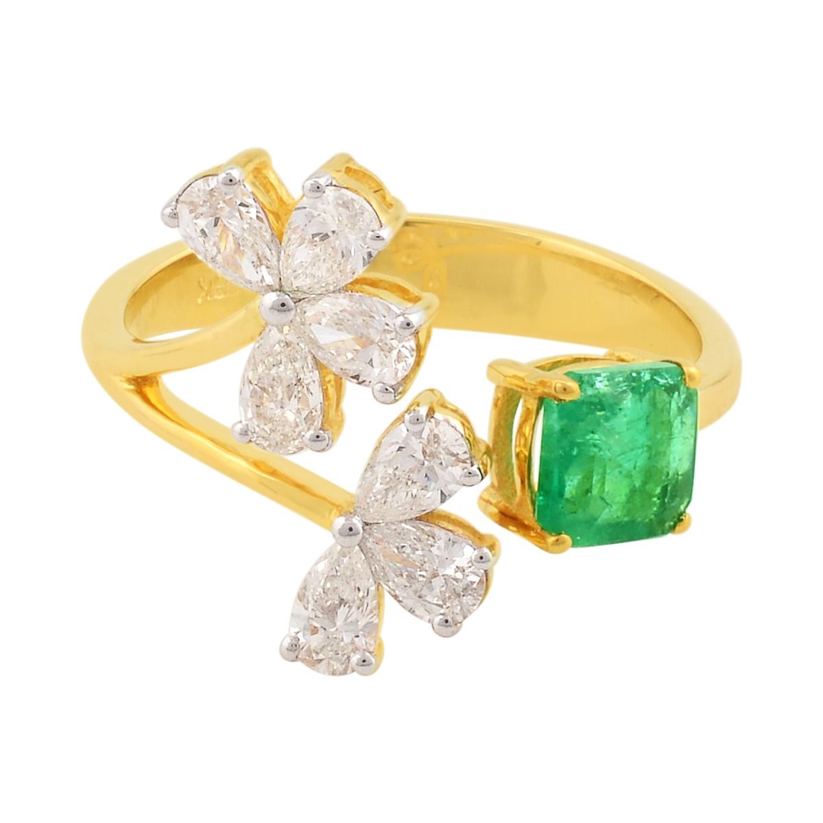 18k Yellow Gold 1.43 TCW SI Clarity HI Color Diamond Prong Setting Zambian Emerald Gemstone Designer Party Wear Ring Jewelry For Women