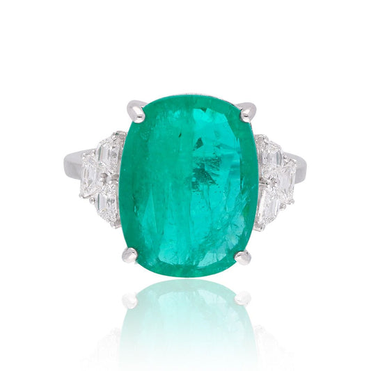 Solid 18k White Gold Zambian Emerald Ring Natural 0.45 Carat HI/SI Diamond Handmade Party Wear Jewelry