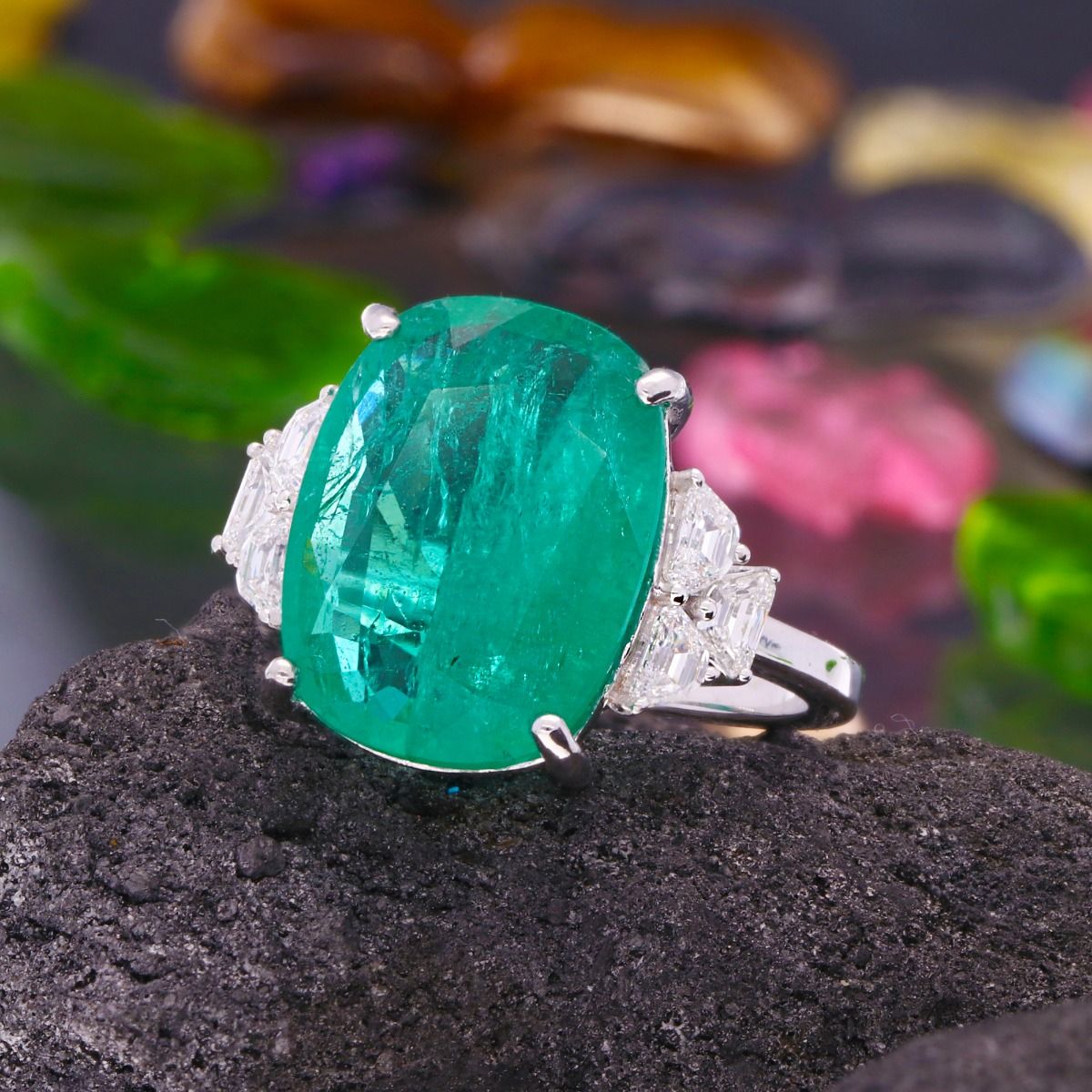 Solid 18k White Gold Zambian Emerald Ring Natural 0.45 Carat HI/SI Diamond Handmade Party Wear Jewelry