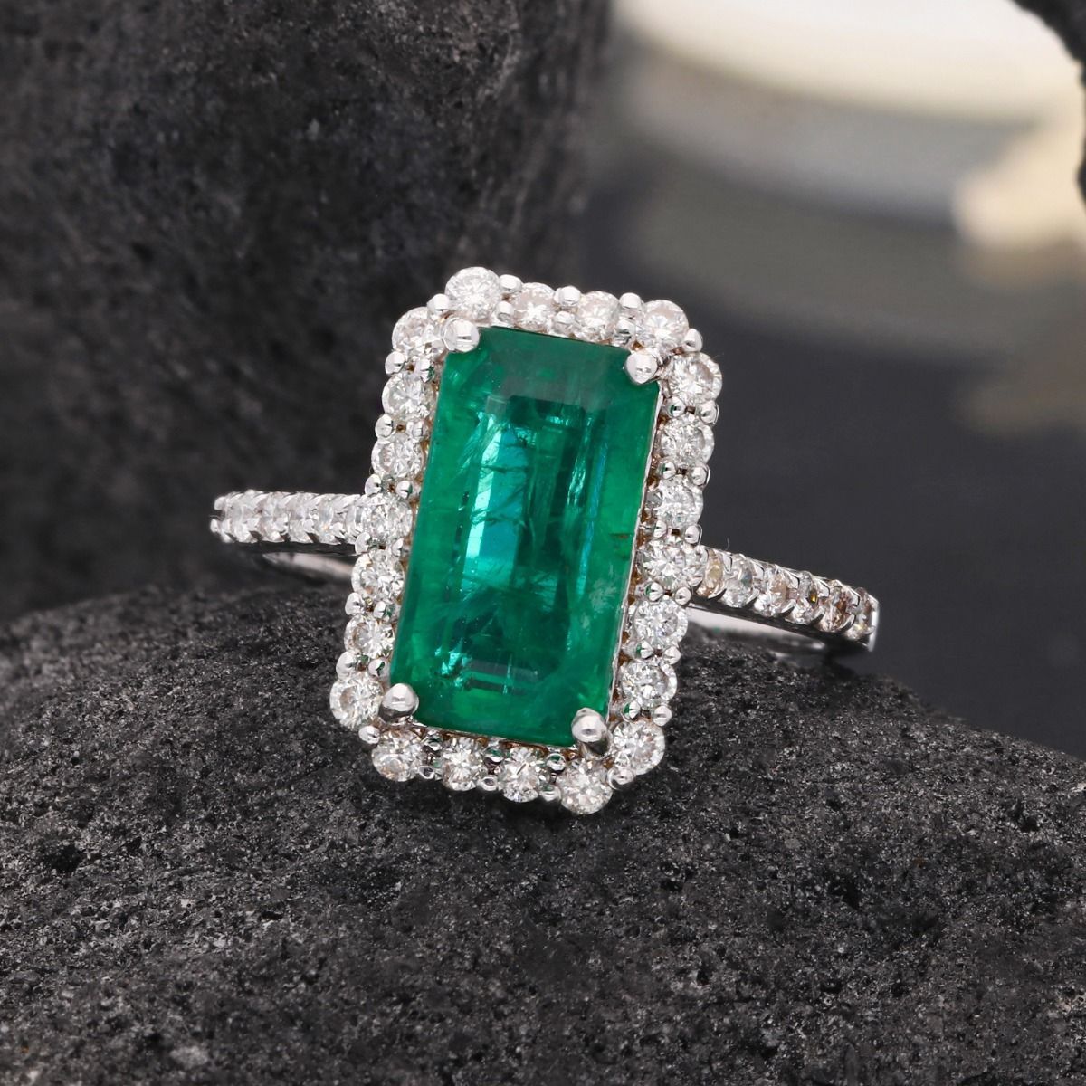 Natural 0.60 Carat HI/SI Diamond Emerald Cut Zambian Emerald Gemstone Ring Solid 18k White Gold Handmade Jewelry Anniversary Gift For Her