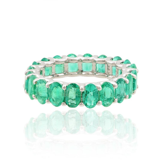 18k White Gold 3.97 TCW SI Clarity HI Color Diamond Zambian Emerald Gemstone Party Wear Band Ring Jewelry For Women