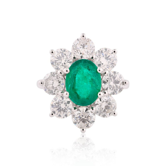 3.23 Carat HI/SI Diamond 18k White Gold Ring Natural Zambian Emerald Gemstone Handmade Jewelry