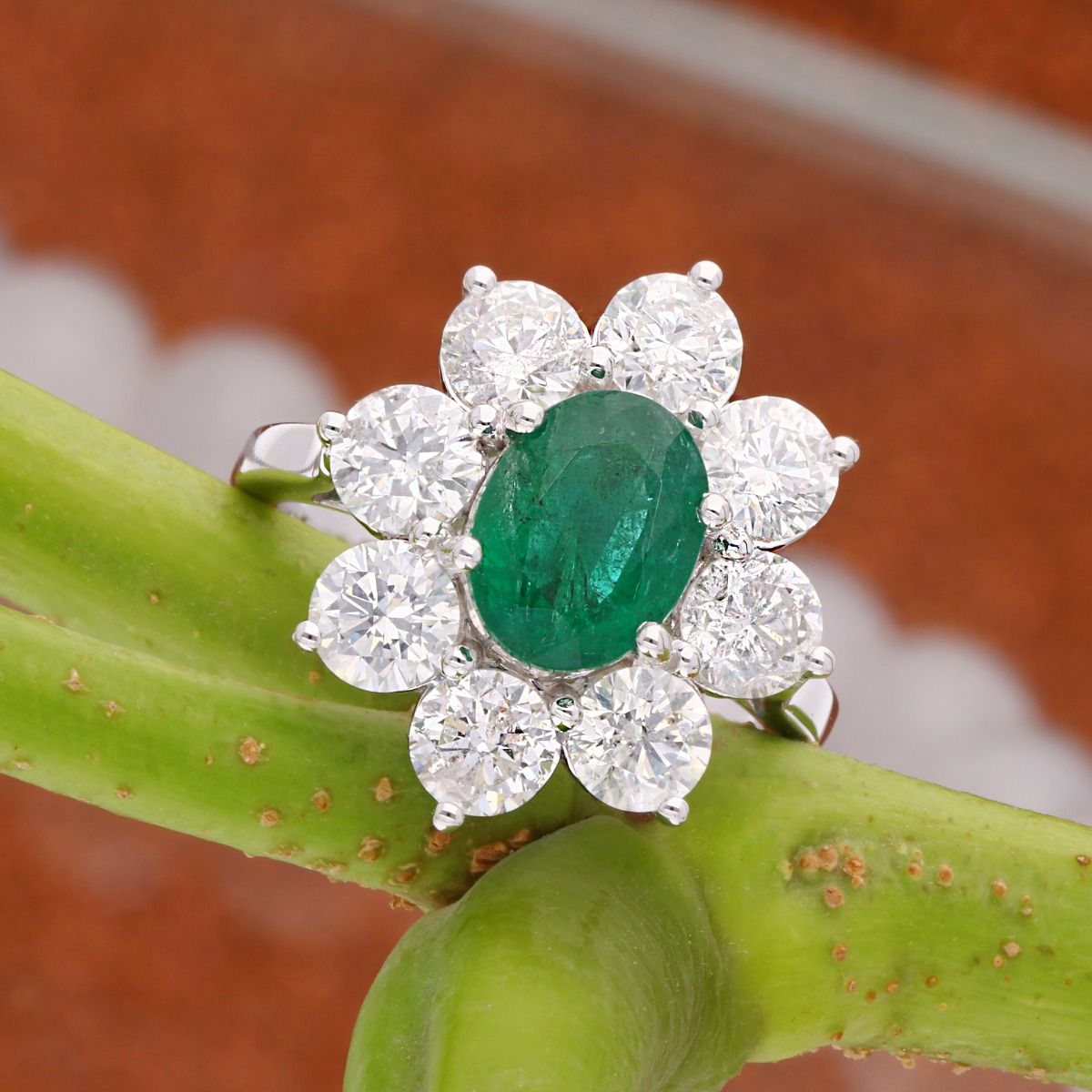 3.23 Carat HI/SI Diamond 18k White Gold Ring Natural Zambian Emerald Gemstone Handmade Jewelry