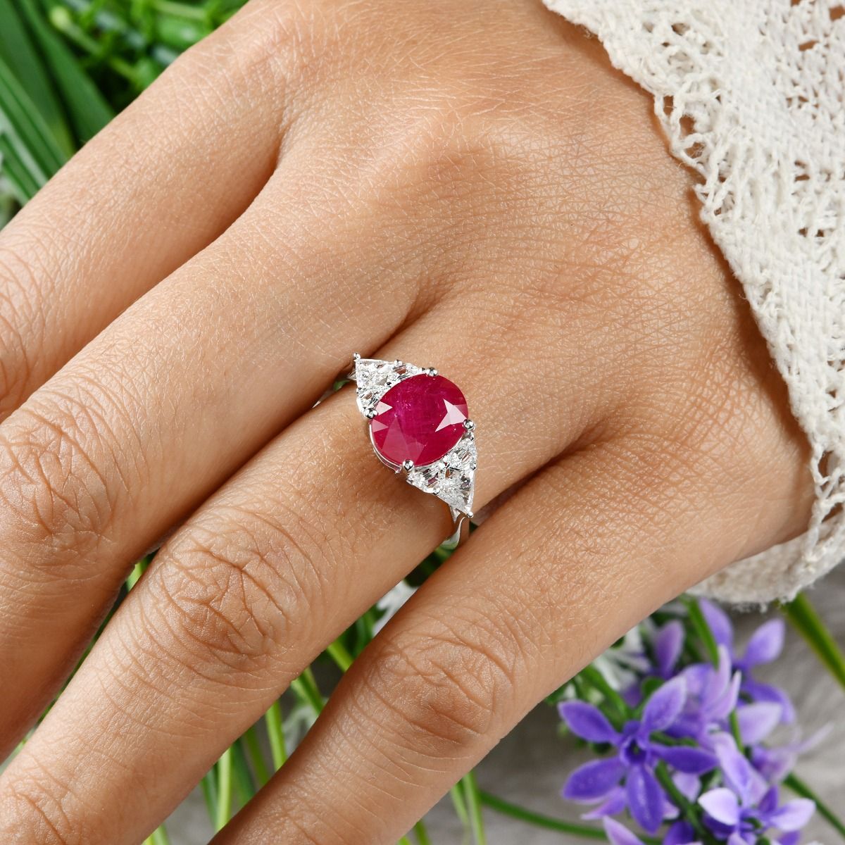 Natural 0.61 Carat HI/SI Diamond Ruby Gemstone Ring Solid 18k White Gold Handmade Jewelry Birthday Gift For Her