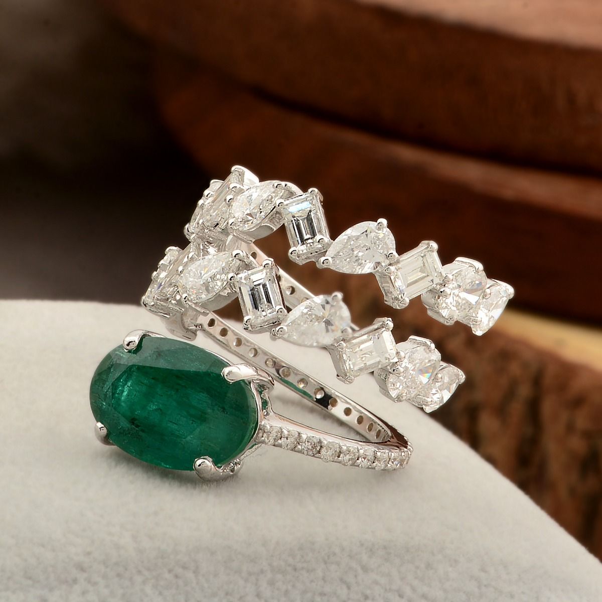 18k White Gold 6.87 TCW SI Clarity HI Color Diamond Zambian Emerald Gemstone Statement Ring Jewelry For Women