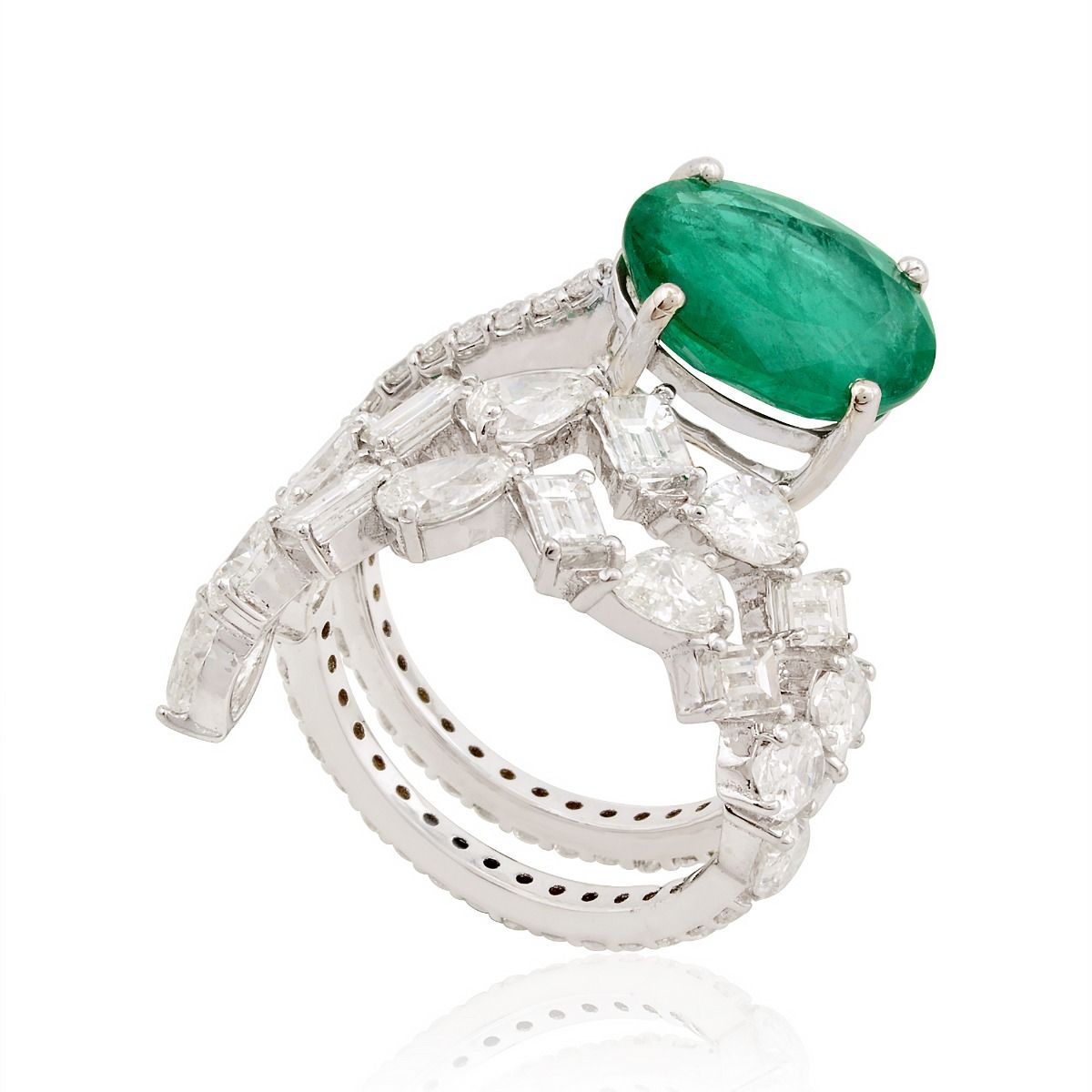 18k White Gold 6.87 TCW SI Clarity HI Color Diamond Zambian Emerald Gemstone Statement Ring Jewelry For Women