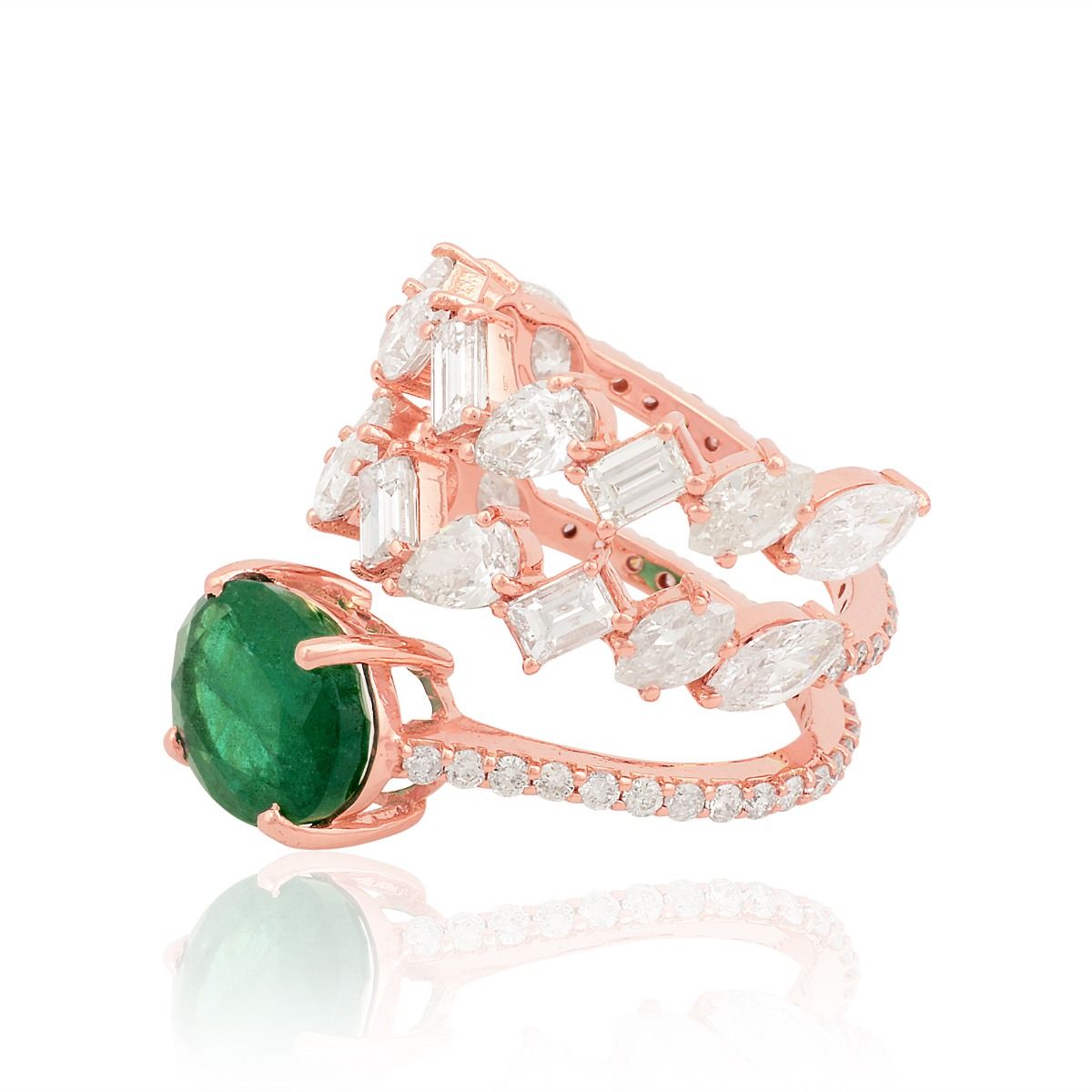 18k Rose Gold 6.95 TCW SI Clarity HI Color Diamond Zambian Emerald Gemstone Statement Ring Jewelry For Women