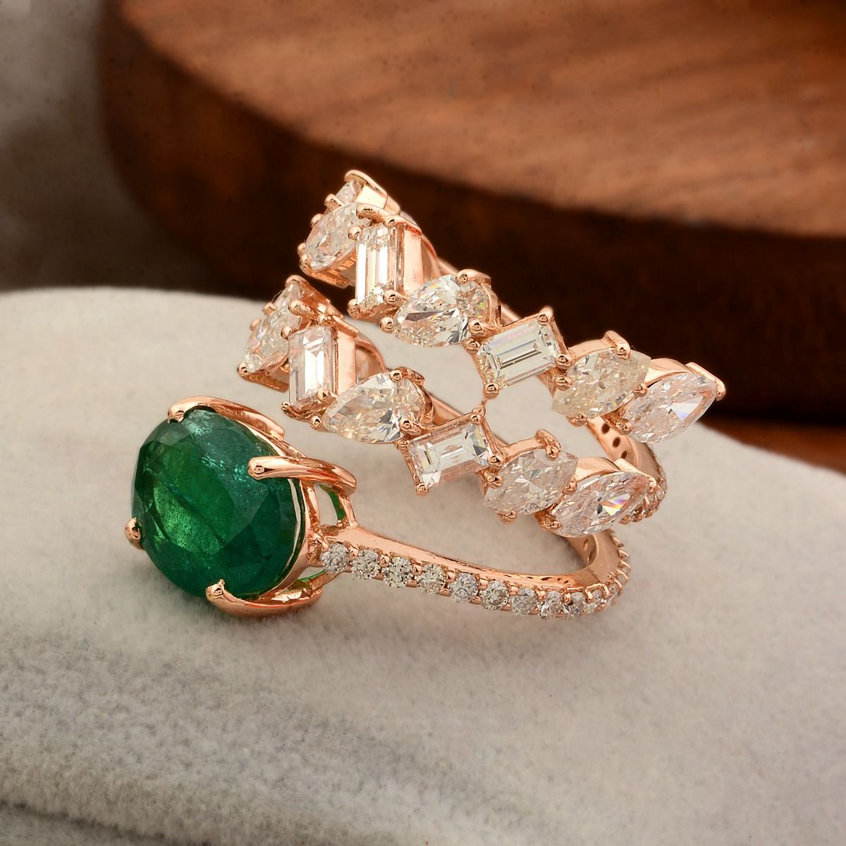 18k Rose Gold 6.95 TCW SI Clarity HI Color Diamond Zambian Emerald Gemstone Statement Ring Jewelry For Women