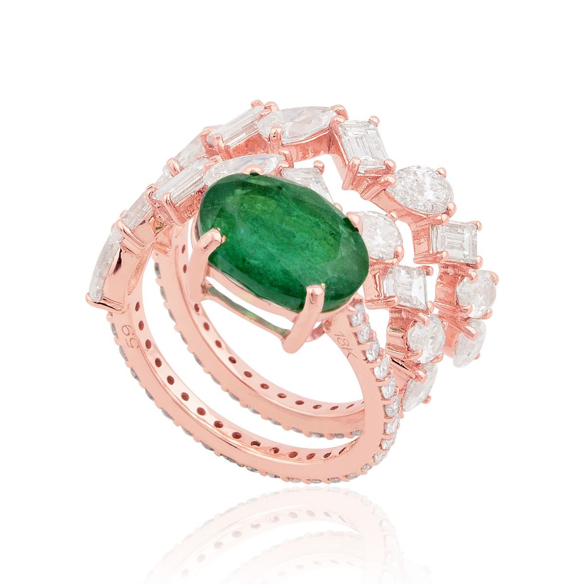 18k Rose Gold 6.95 TCW SI Clarity HI Color Diamond Zambian Emerald Gemstone Statement Ring Jewelry For Women