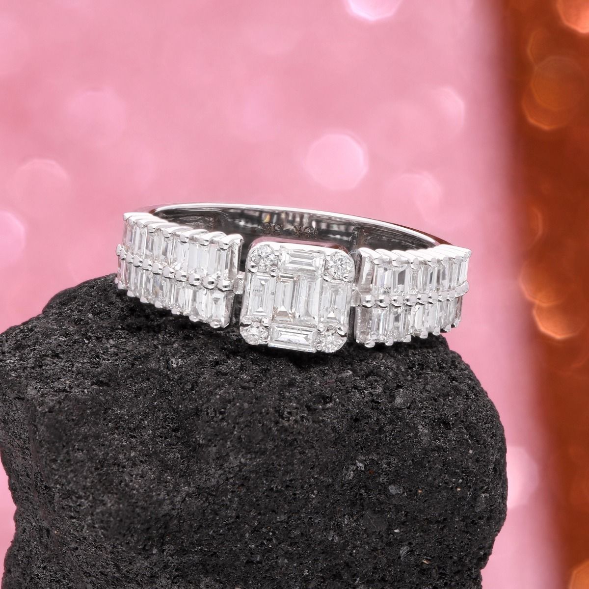 Natural 0.90 Carat HI/SI Round & Baguette Diamond Band Ring 18k White Gold Handmade Jewelry