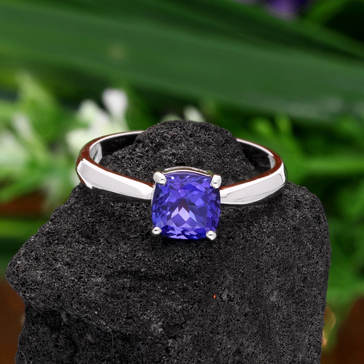 Cushion Shape Tanzanite Gemstone Ring 18k White Gold Handmade Fine Jewelry Birthday Gift