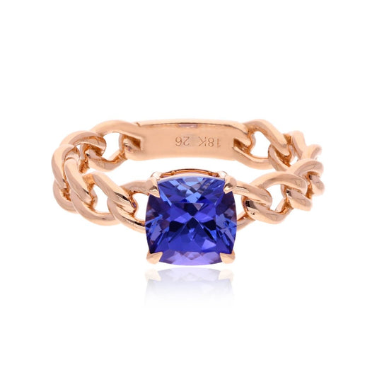 Natural Tanzanite Gemstone 18k Rose Gold Handmade Curb Promise Ring Gift For Her