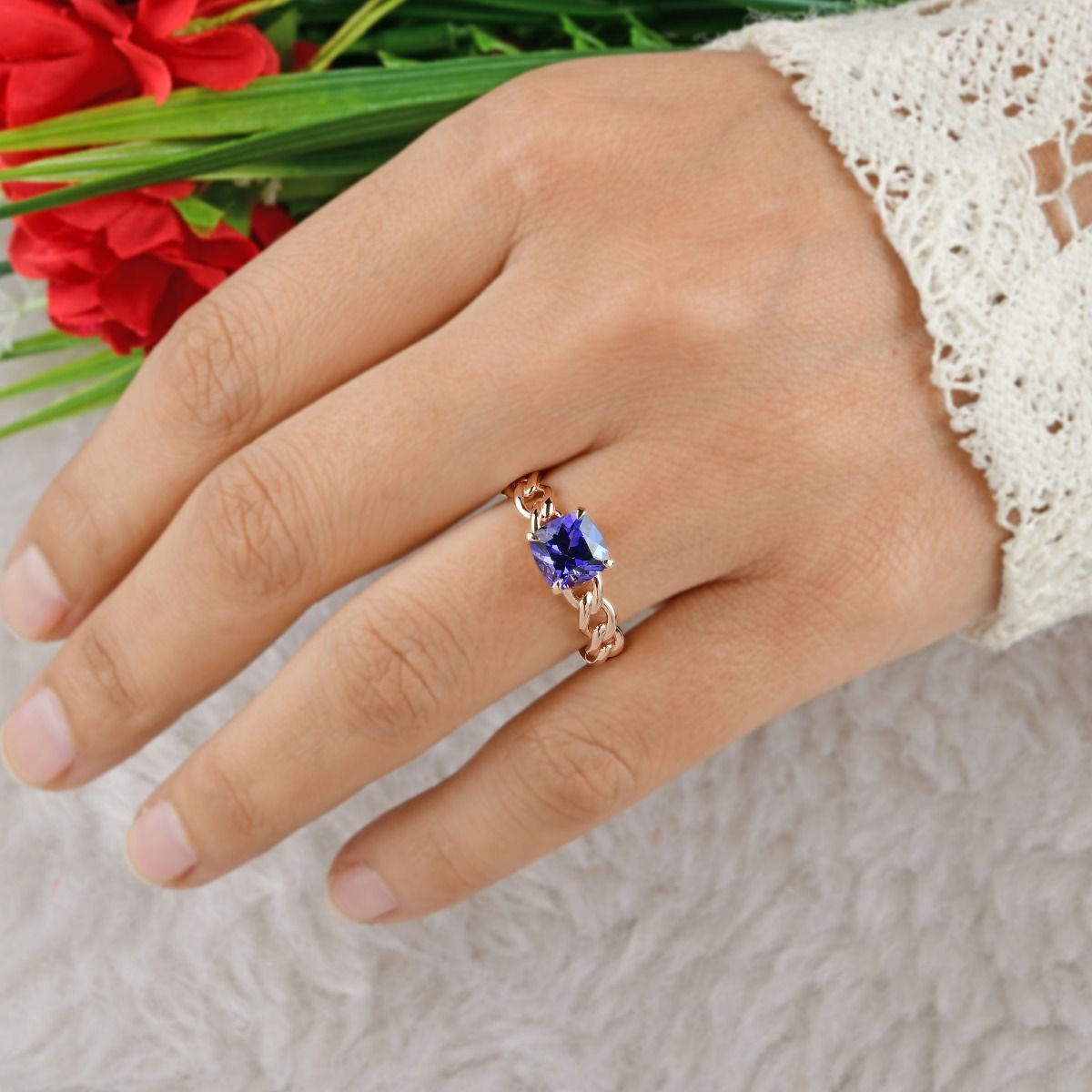 Natural Tanzanite Gemstone 18k Rose Gold Handmade Curb Promise Ring Gift For Her