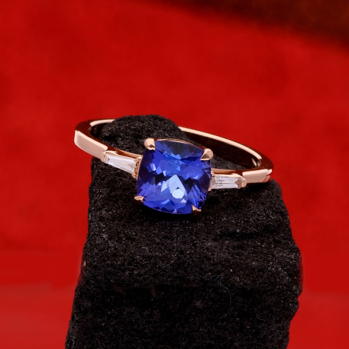 Solid 18k Rose Gold 0.09 Carat HI/SI Clarity Diamond Ring Natural Cushion Shape Tanzanite Gemstone Jewelry