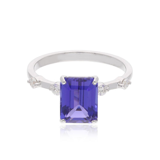 Natural 0.10 Carat HI Color SI Clarity Diamond Tanzanite Gemstone Ring 18k White Gold Jewelry