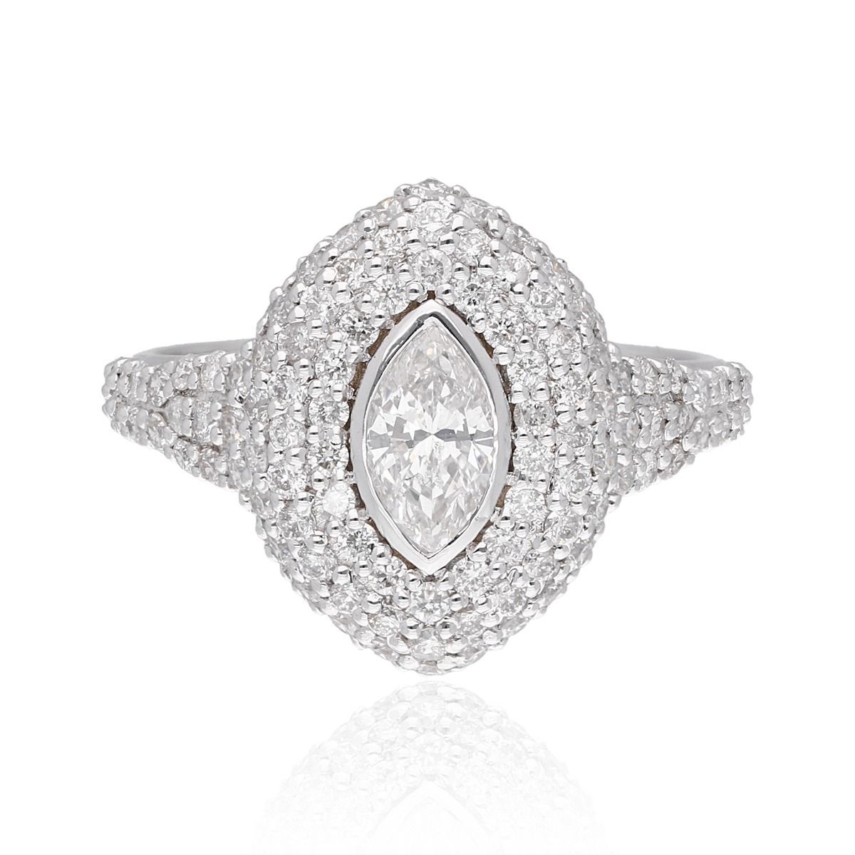 1.73 Carat HI/SI Marquise & Round Shape Diamond Ring 18k White Gold Handmade Fine Jewelry