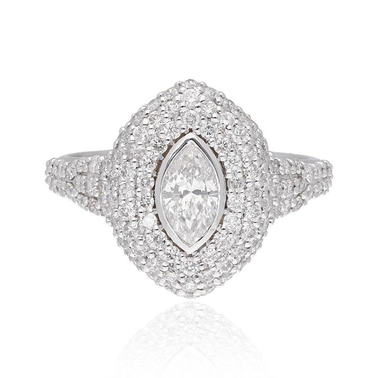 1.73 Carat HI/SI Marquise & Round Shape Diamond Ring 18k White Gold Handmade Fine Jewelry