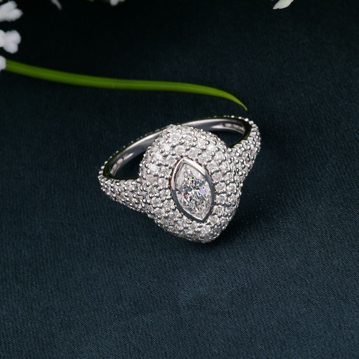 1.73 Carat HI/SI Marquise & Round Shape Diamond Ring 18k White Gold Handmade Fine Jewelry