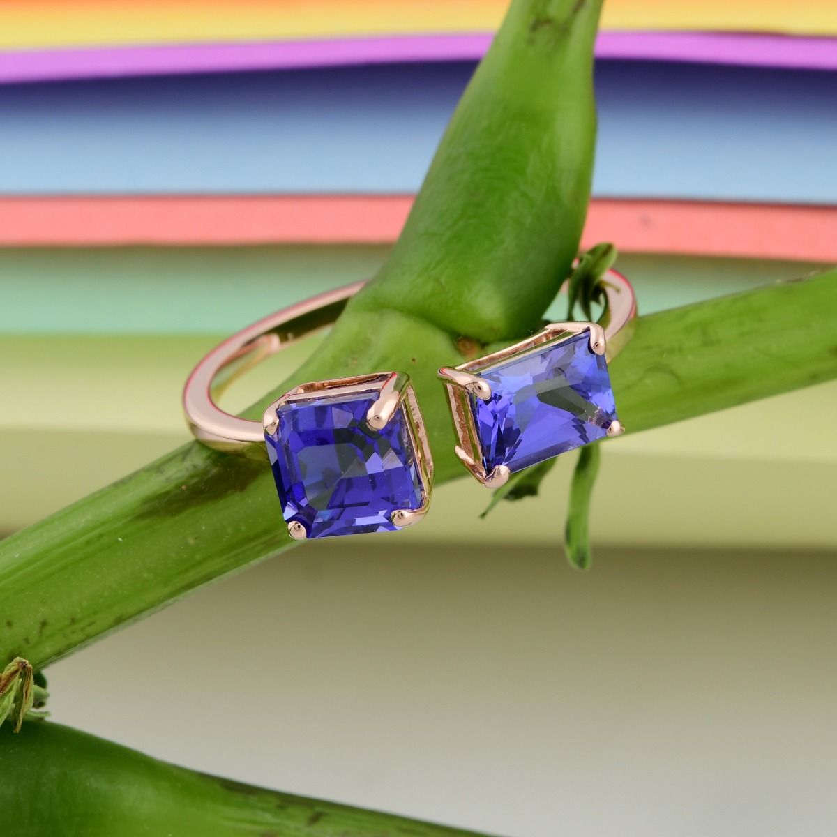 18k Rose Gold Handmade Cuff Ring Natural Tanzanite Gemstone Jewelry Birthday Gift For Her