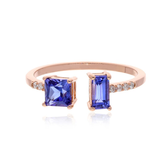 Solid 18k Rose Gold Cuff Ring Natural Tanzanite Gemstone 0.07 Carat HI/SI Diamond Women Jewelry