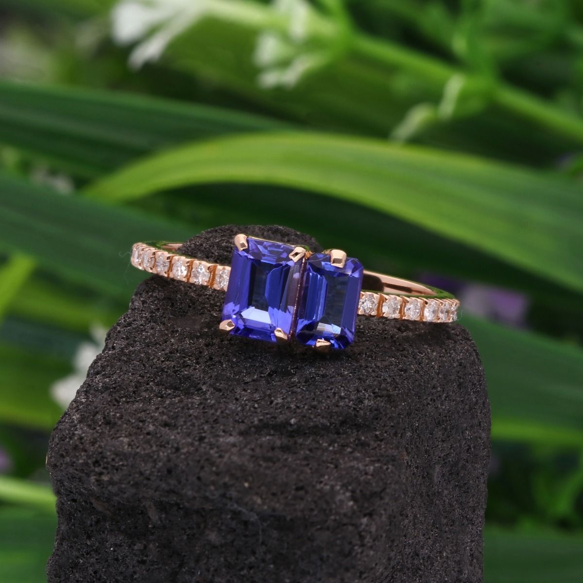 Natural 0.11 Carat HI Color SI Clarity Diamond 18k Rose Gold Stackable Ring Tanzanite Gemstone Women Jewelry