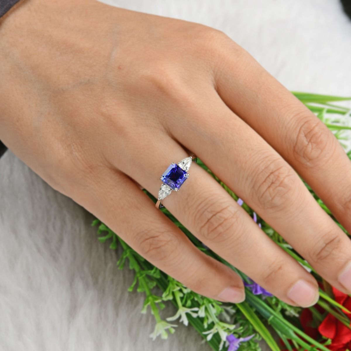 0.51 Carat HI/SI Pear Diamond 18k White Gold Handmade Ring Natural Square Shape Tanzanite Gemstone Jewelry