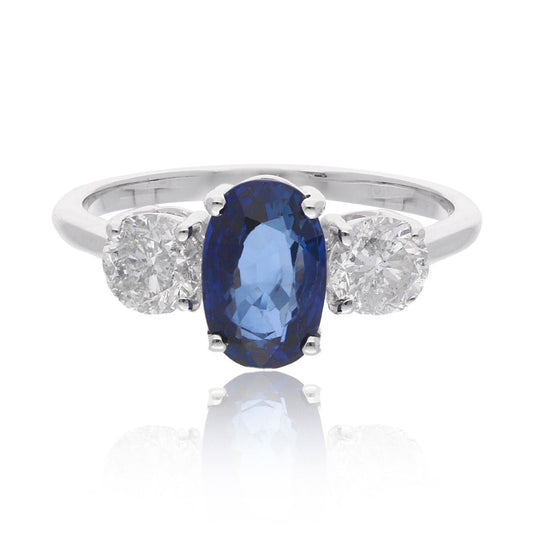 Oval Shape Blue Sapphire Gemstone 18k White Gold Handmade Ring Natural 0.75 Carat HI Color SI Clarity Diamond Jewelry