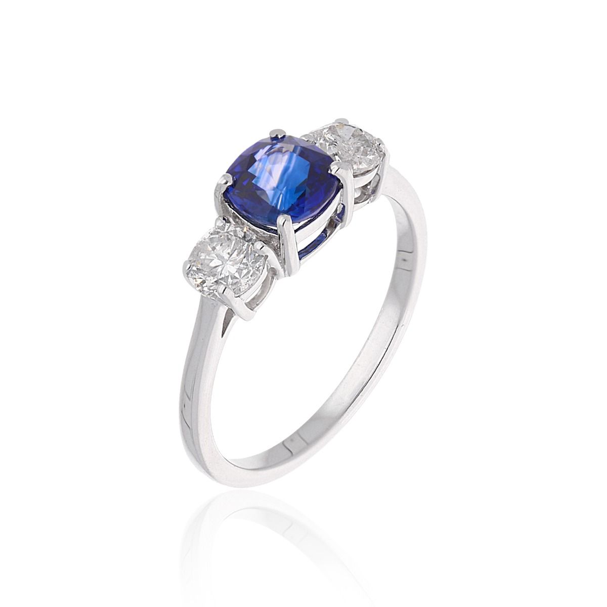 0.75 Carat HI Color SI Clarity Diamond 18k White Gold Handmade Women Ring Round Shape Blue Sapphire Gemstone Jewelry