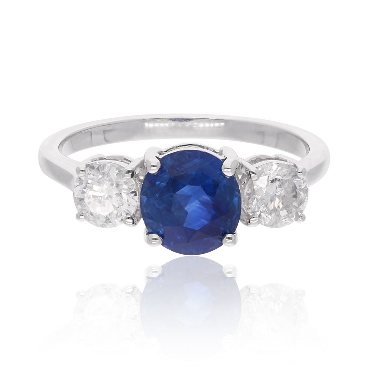 Round Shape Blue Sapphire Gemstone 18k White Gold Handmade Women Ring Natural 0.83 Carat HI Color SI Clarity Diamond Jewelry