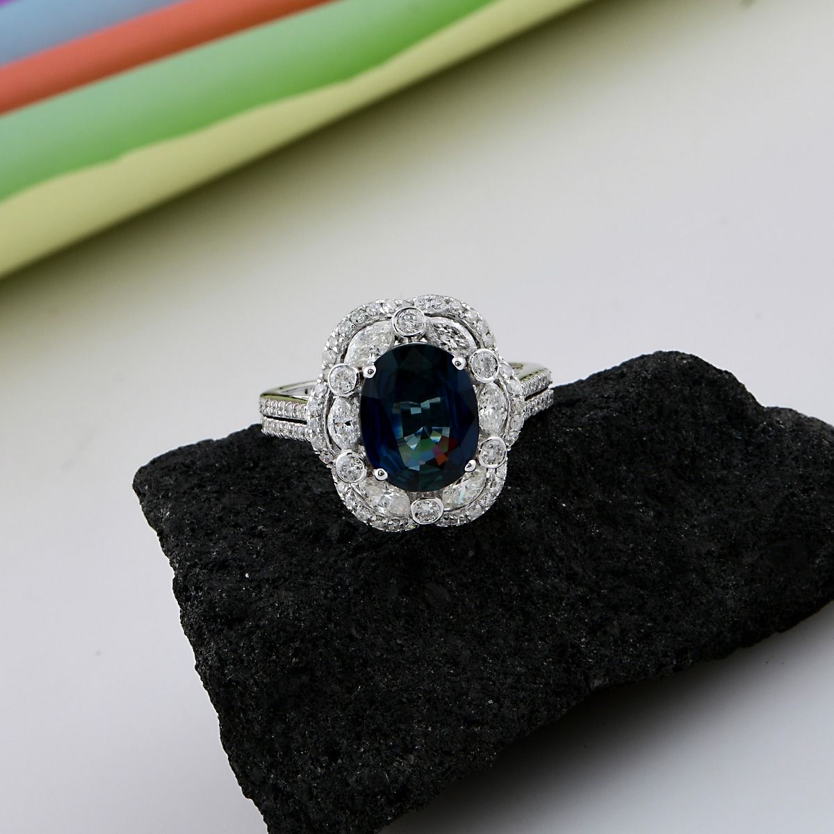 1.04 carat HI Color SI Clarity Diamond Oval Blue Sapphire Gemstone Ring 18k White Gold Handmade Women Jewelry Anniversary Gift For Her