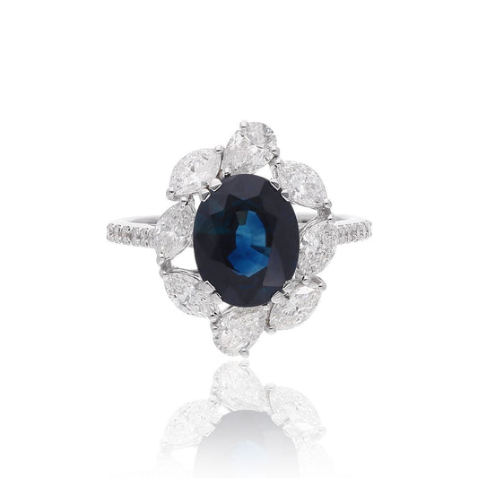 18k White Gold Ring Natural 1.53 Carat HI Color SI Clarity Marquise Diamond Oval Shape Blue Sapphire Gemstone Women Jewelry