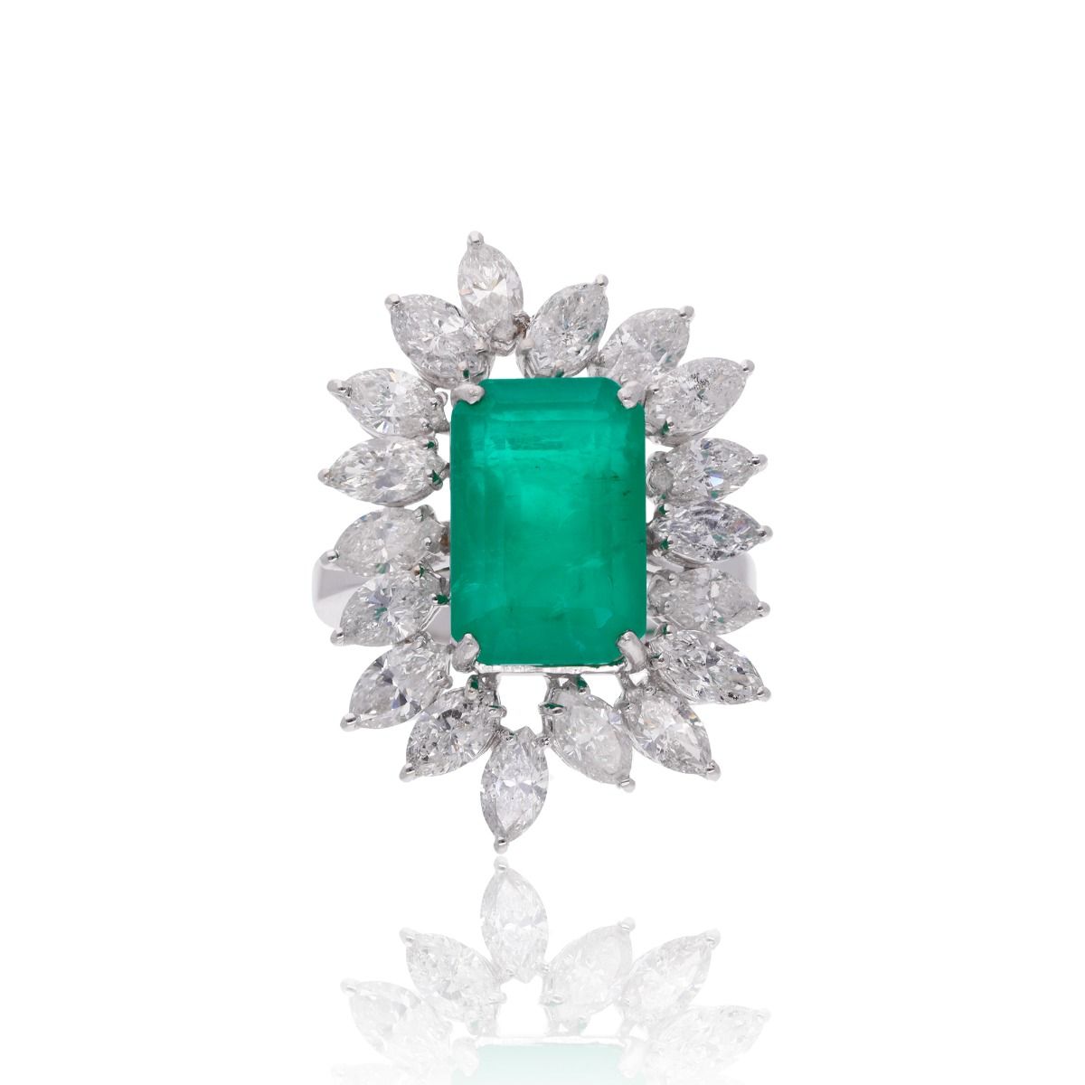 Emerald Cut Zambian Emerald Gemstone Gold Ring 18k White Gold Natural Marquise Shape HI Color SI Clarity Diamond Fine Jewelry