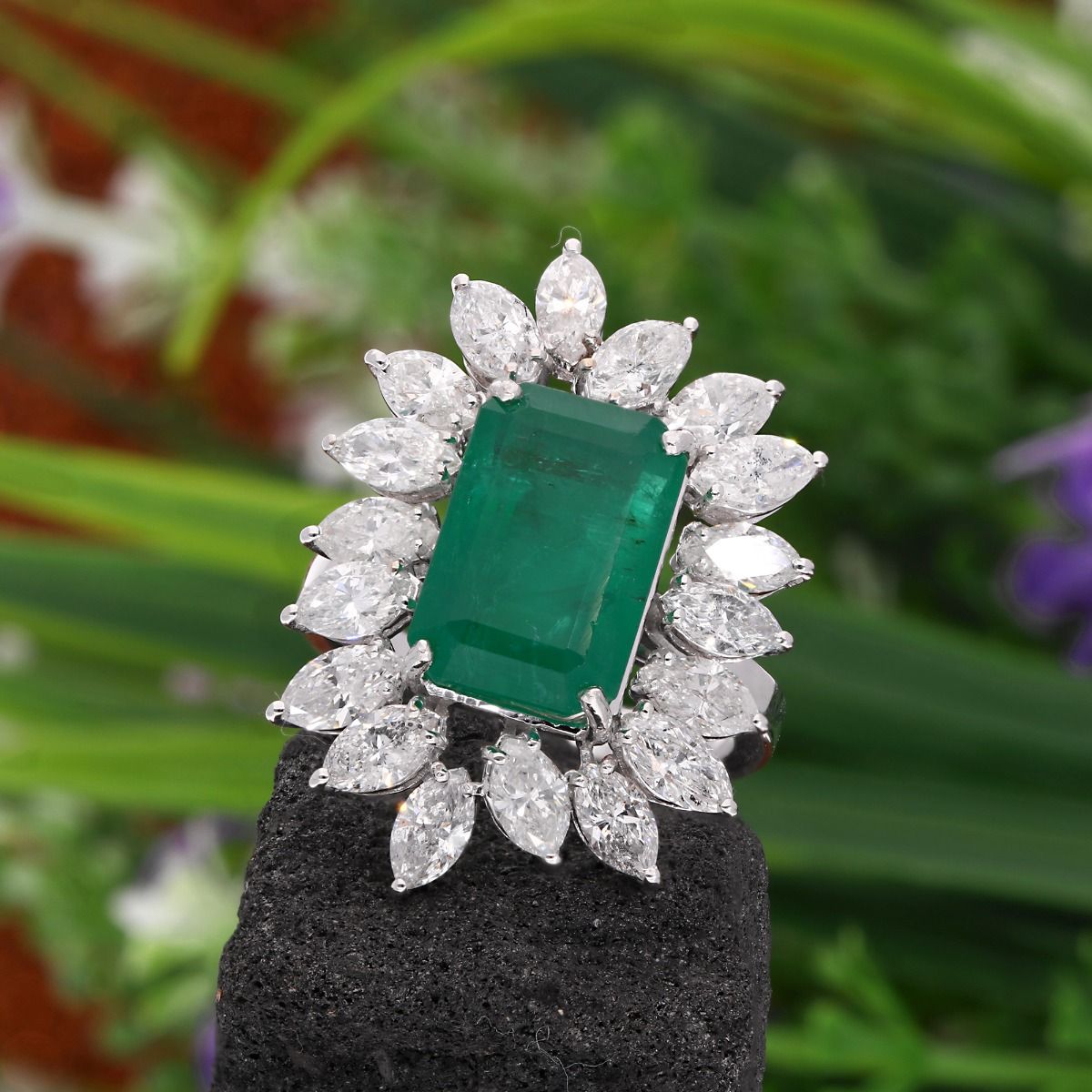 Emerald Cut Zambian Emerald Gemstone Gold Ring 18k White Gold Natural Marquise Shape HI Color SI Clarity Diamond Fine Jewelry