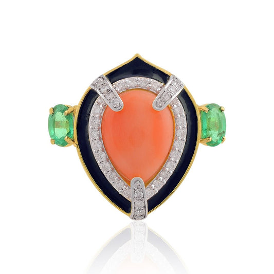 18k Yellow Gold 4.91 TCW SI Clarity HI Color Pear Coral Diamond & Zambian Emerald Gemstone Party Wear Ring For women