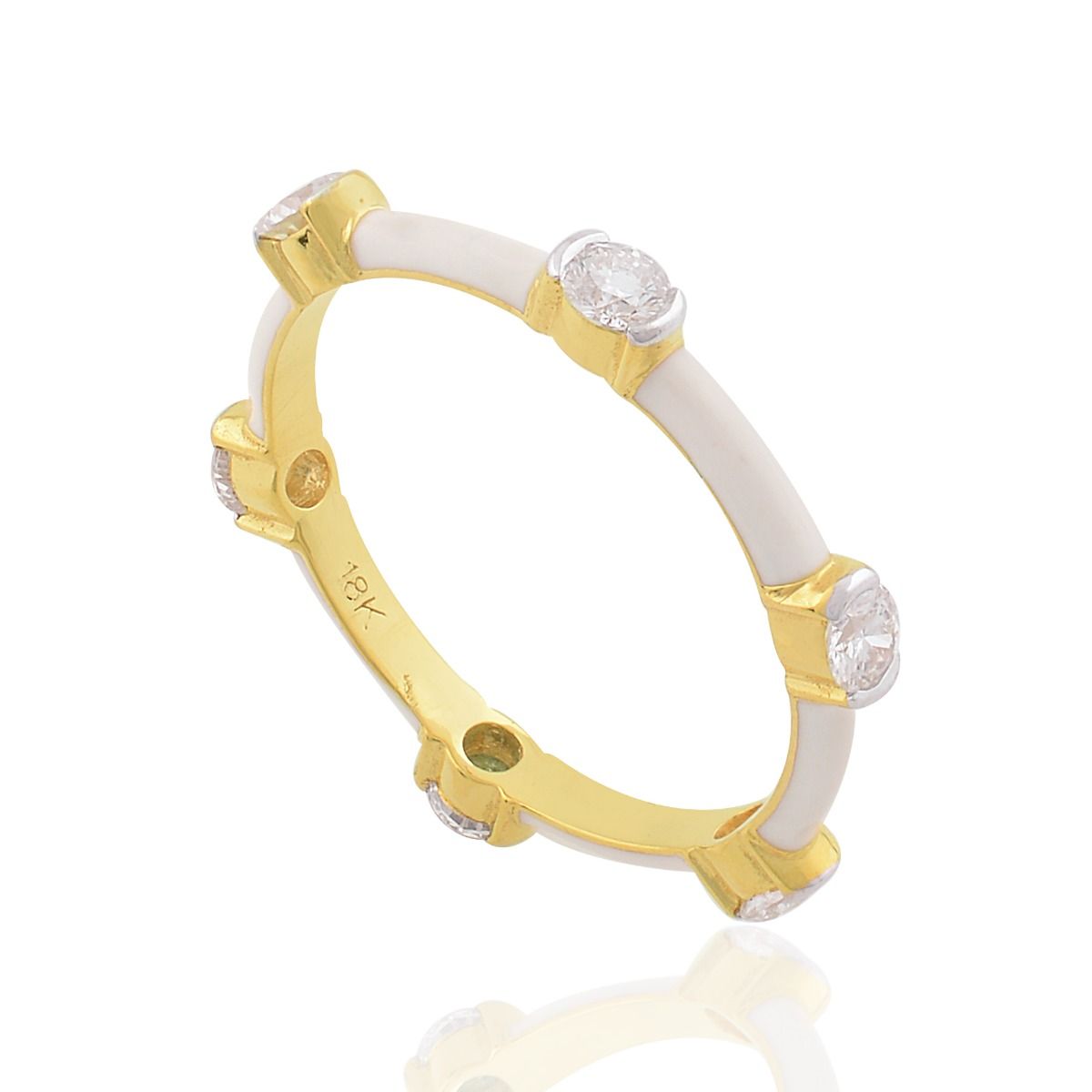 18k Yellow Gold 0.55 TCW SI Clarity HI Color Diamond White Enamel Party Wear Band Ring Jewelry For Women
