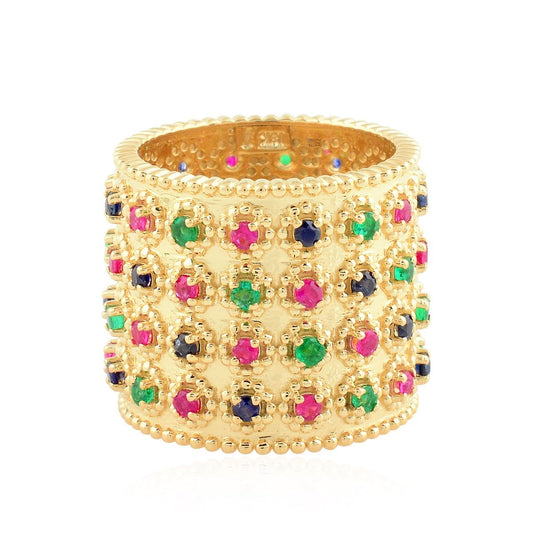 Real Ruby & Emerald & Blue Sapphire Gemstone Solid 18 Kt Yellow Gold SI Clarity HI Color Diamond Cigar Band Ring