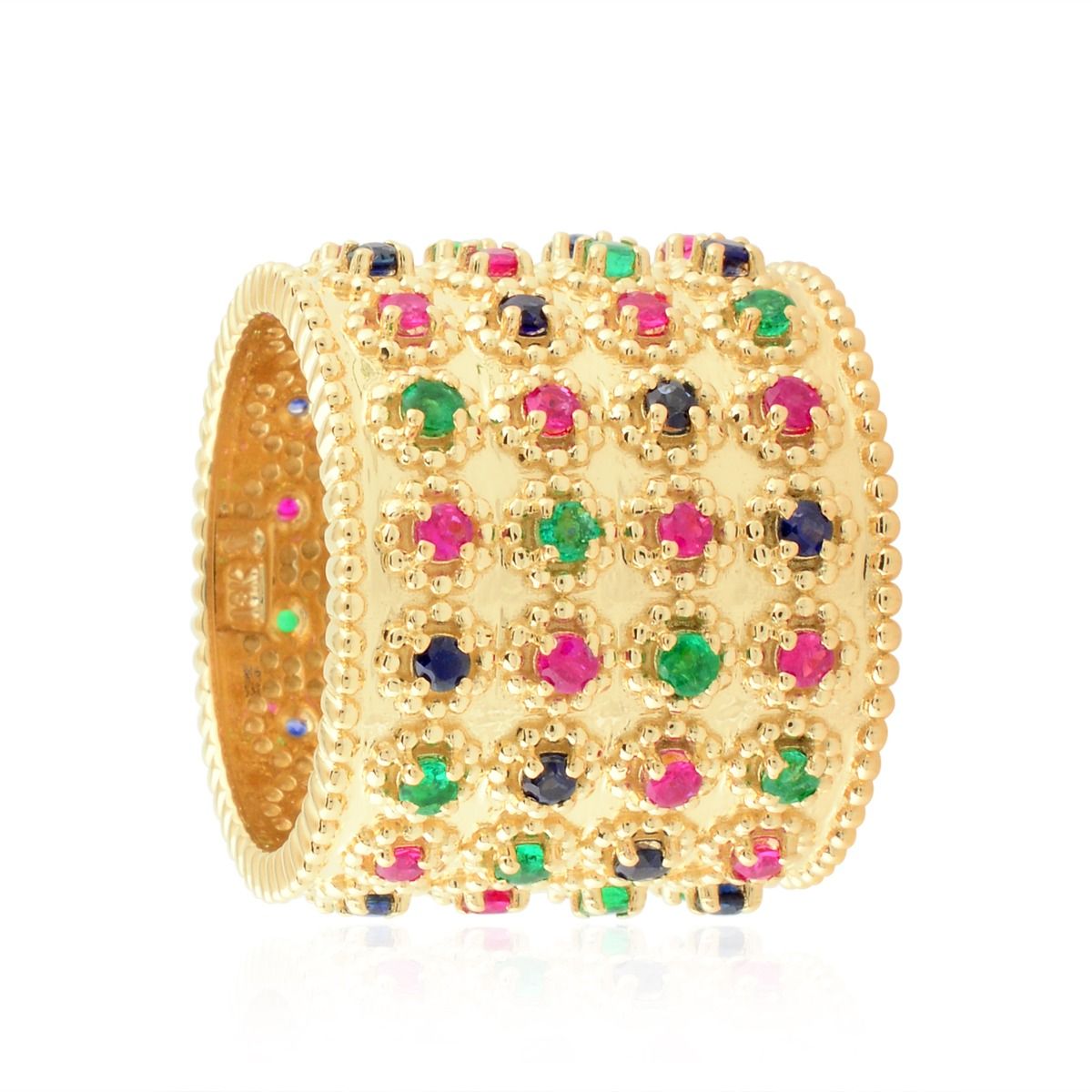 Real Ruby & Emerald & Blue Sapphire Gemstone Solid 18 Kt Yellow Gold SI Clarity HI Color Diamond Cigar Band Ring